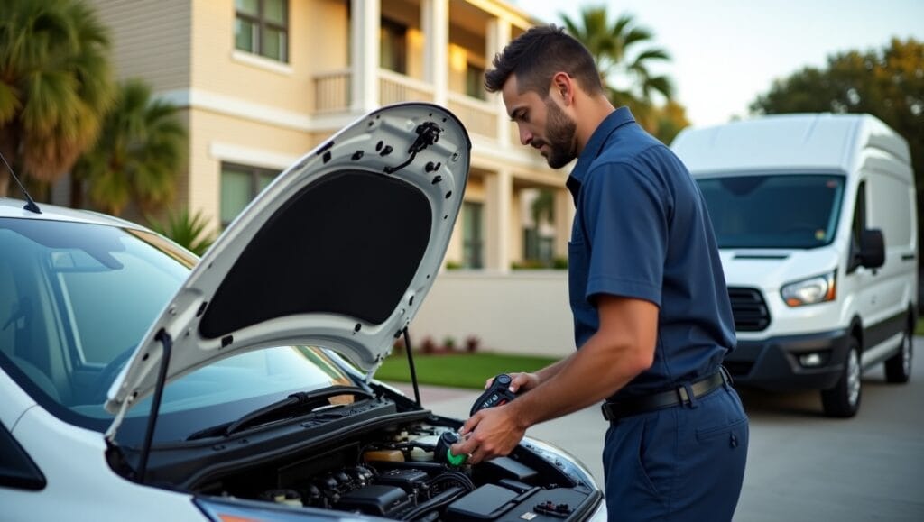 The surrounding area shows a calm suburban setting with palm trees, and the mechanic’s fully-equipped service van is visible in the background.