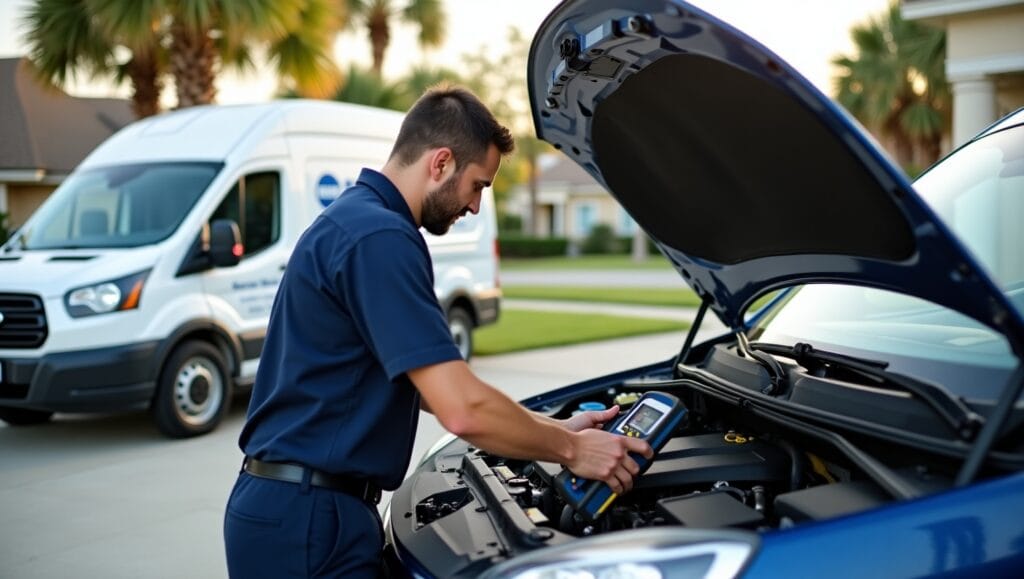 A mobile mechanic servicing a car in a Virginia Beach neighborhood. The mechanic is wearing a uniform, using diagnostic tools, and working on the engine of a car parked in a driveway.