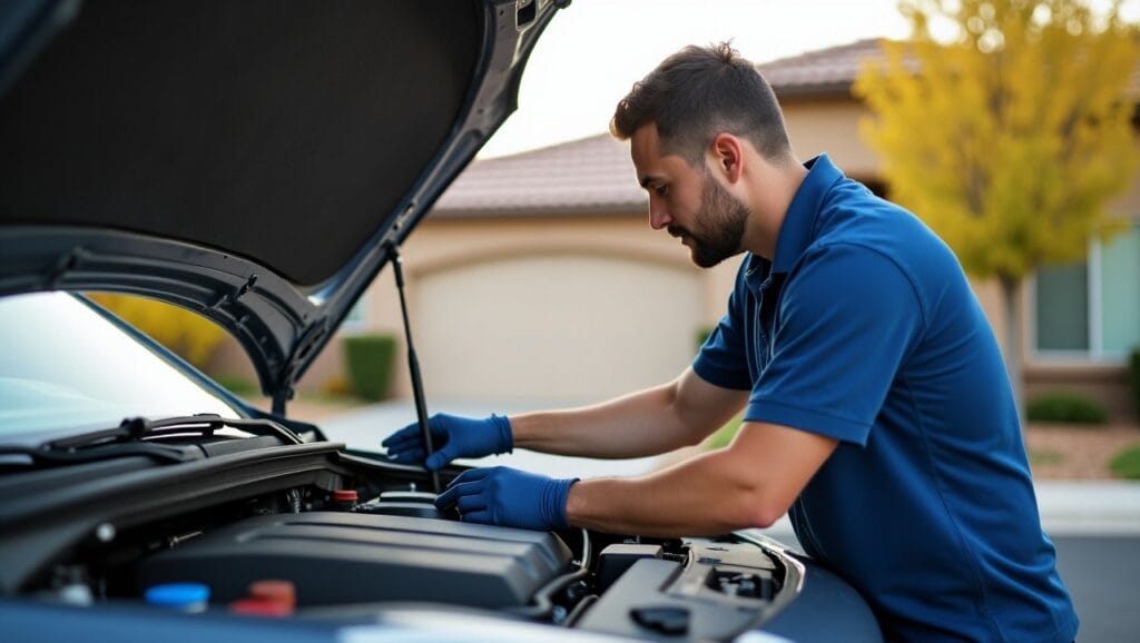 Mobile mechanic checking engine of an older vehicle in a Virginia Beach driveway